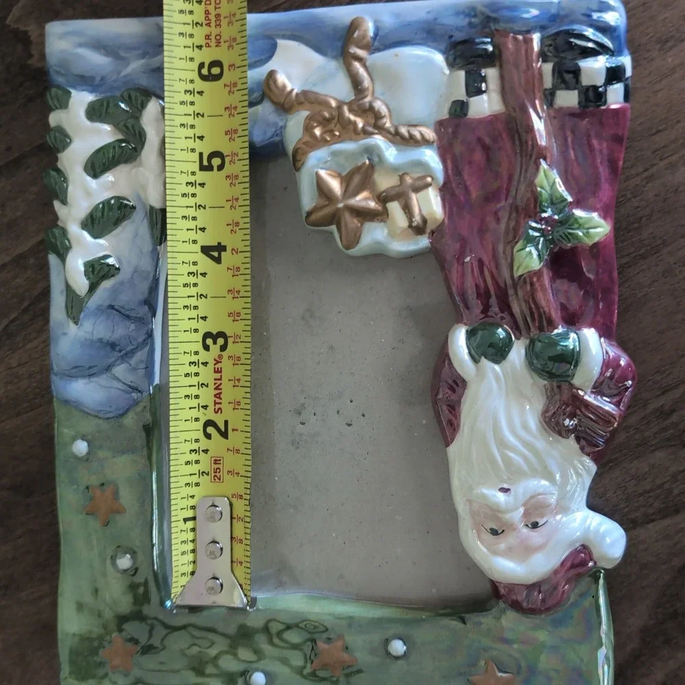 Vintage Hand Painted‎ Ceramic Santa Picture Frame Christmas Glossy Holiday Decor